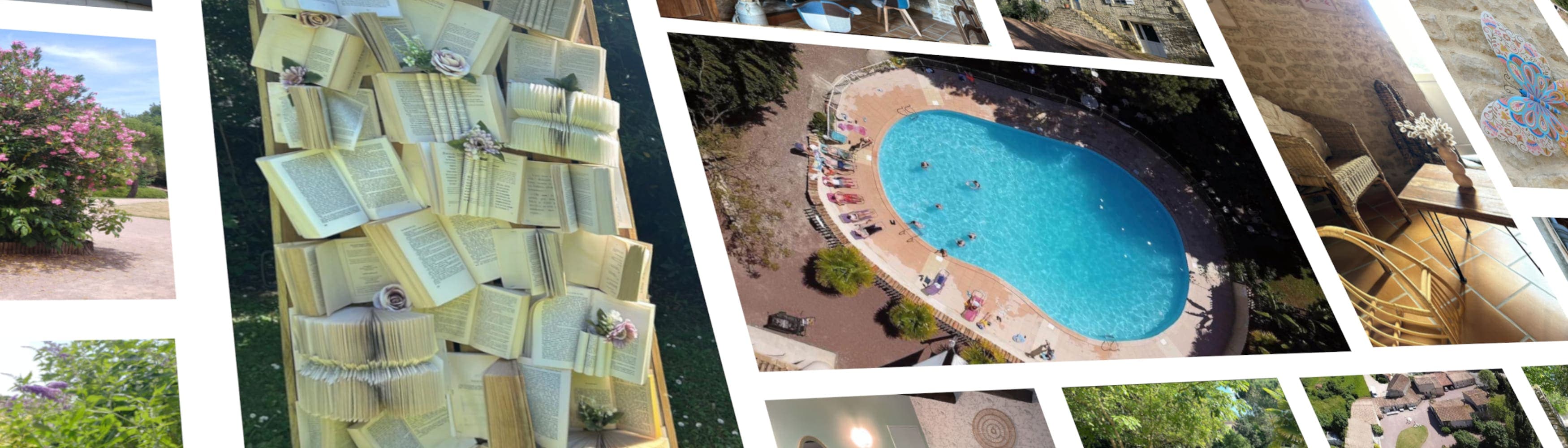Image composite d'arrière-plan pour la page 'Galerie Photo' du Domaine du Vieux Lavoir, présentant un aperçu visuel de nos installations. Ce montage réunit des extraits de photos de nos salles de réception, de nos gîtes, de la piscine, et des magnifiques extérieurs, reflétant la diversité et le charme de notre domaine. Il illustre parfaitement le cadre idyllique que nous offrons pour vos mariages et grandes réceptions dans les Deux-Sèvres, invitant à découvrir l'ensemble de nos prestations.