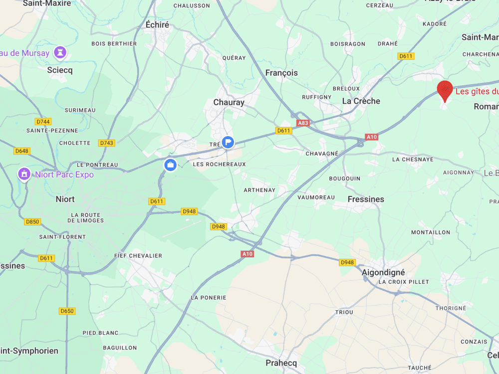 Capture d'écran Google Maps illustrant la localisation privilégiée du Domaine du Vieux Lavoir, à seulement 20 minutes de Niort. Situé idéalement à proximité des sorties de l'A10, notre domaine offre un accès facile et rapide pour tous vos invités, rendant l'organisation de mariages et grandes réceptions dans les Deux-Sèvres encore plus pratique.