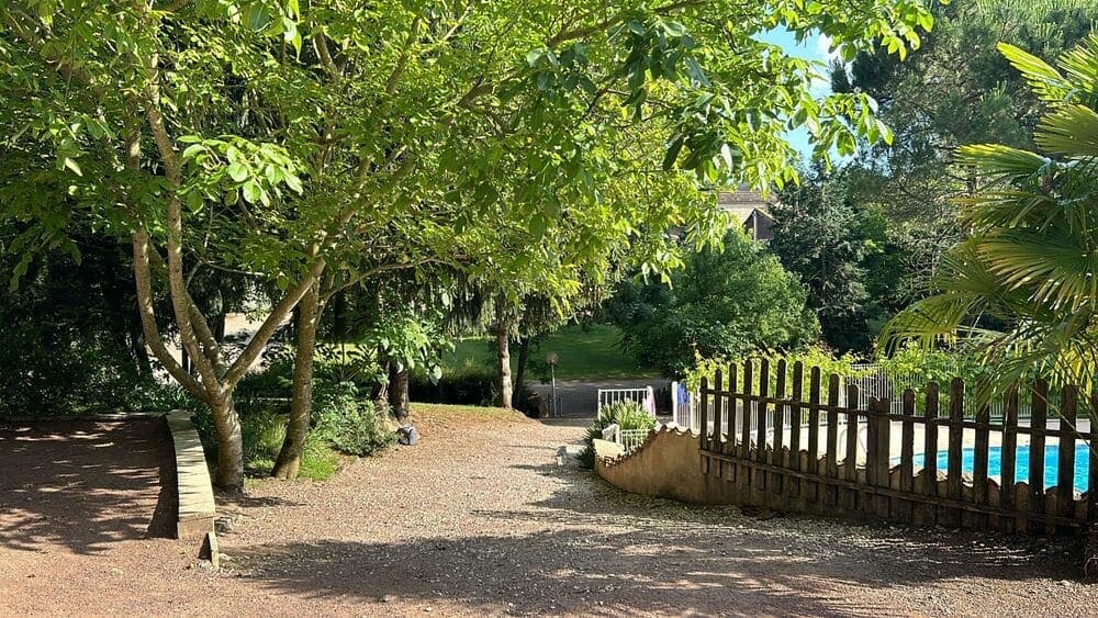 Le chemin d'accès pittoresque menant à la piscine du Domaine du Vieux Lavoir, bordé d'une verdure luxuriante et d'arbres majestueux. Cette allée invite à la détente et à la découverte de nos installations, offrant un cadre naturel et apaisant pour les invités de vos mariages et grandes réceptions dans les Deux-Sèvres. Une agréable promenade vers un espace de rafraîchissement et de loisirs.